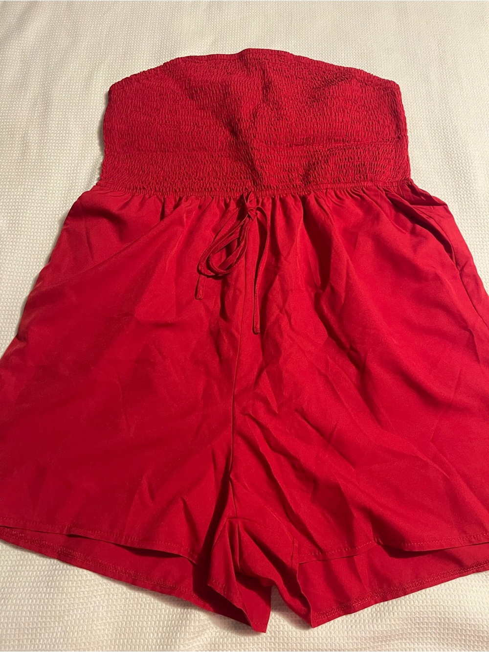 SHEIN Red Strapless Smocked-Waist High-Rise Shorts Romper